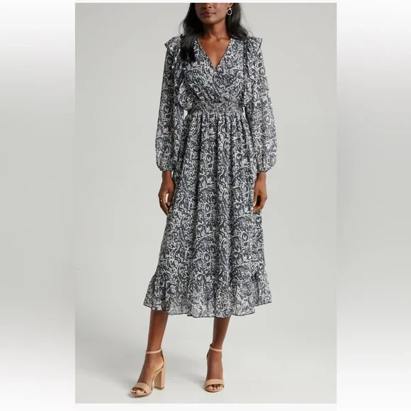 Sam Edelman Navy Wallpaper Paisley Smocked Waist Long Sleeve Dress NwT - Picture 1 of 6